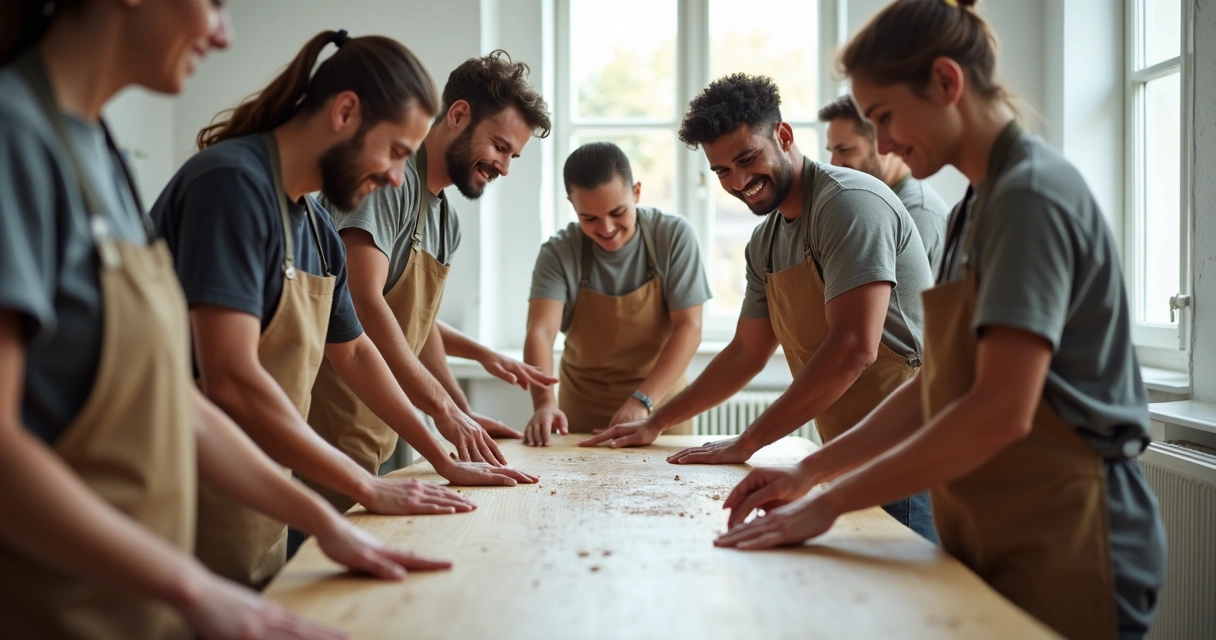 Group cleaning a table together 