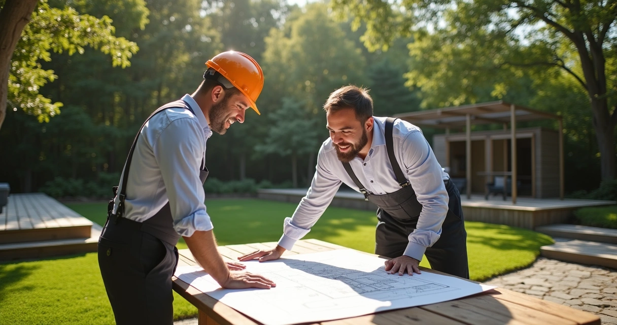 Contractor and client discussing project plans in garden