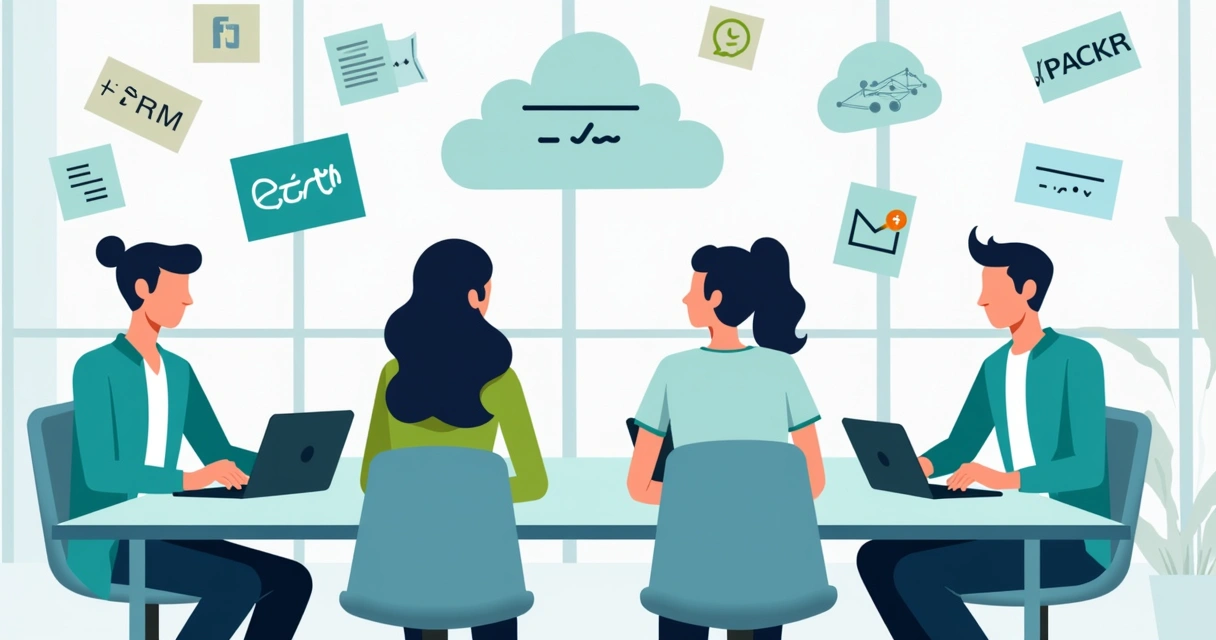 Business team using cloud-based e-signature software at a desk, documents and icons floating above