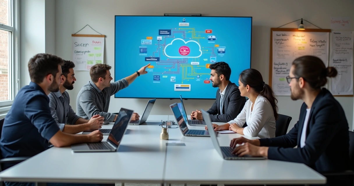 Startup team meeting to review cloud infrastructure 