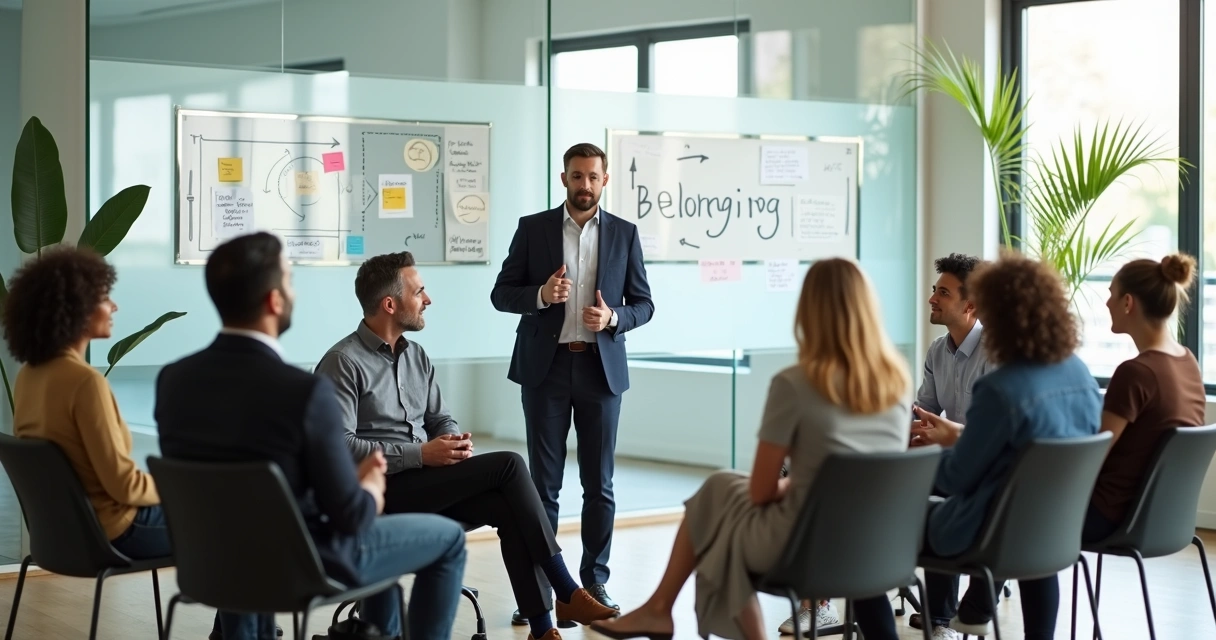 Team coach leading diverse group in circle discussing belonging 