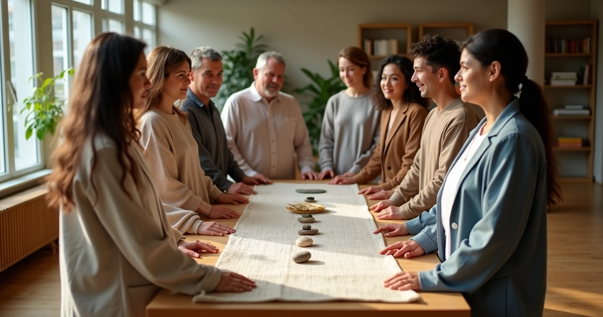 Diverse coworkers standing in a circle touching a shared cloth in a bright workspace 