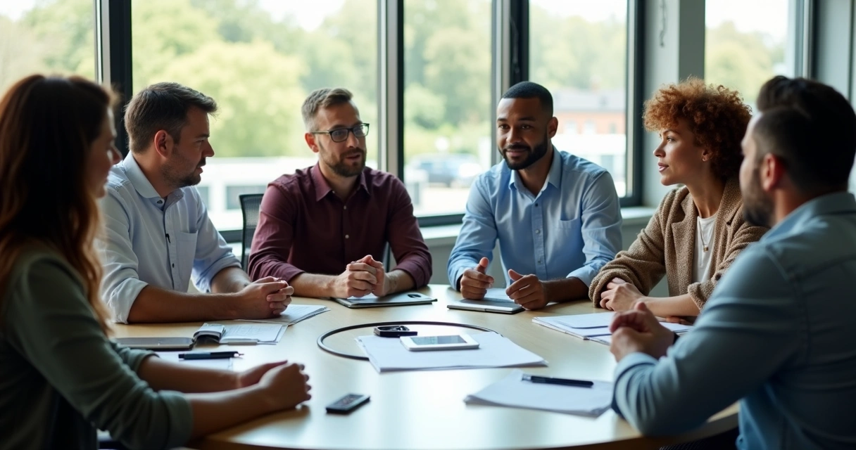 Group of people giving structured feedback in a meeting 