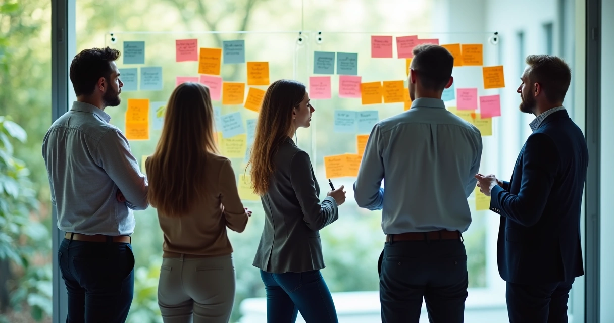 Team brainstorming with sticky notes on glass wall