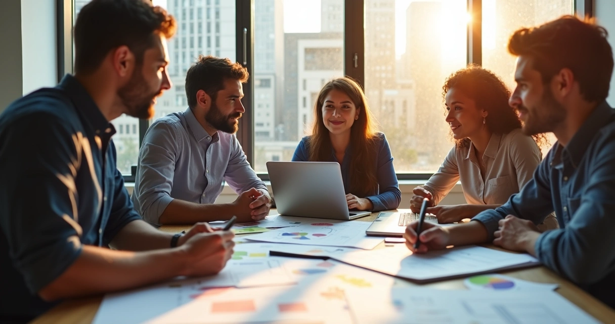 Team collaborating around a table with documents and laptops