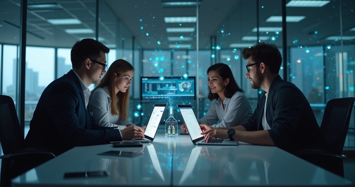 Technology team collaborating with secure key sharing on laptops in a modern office 