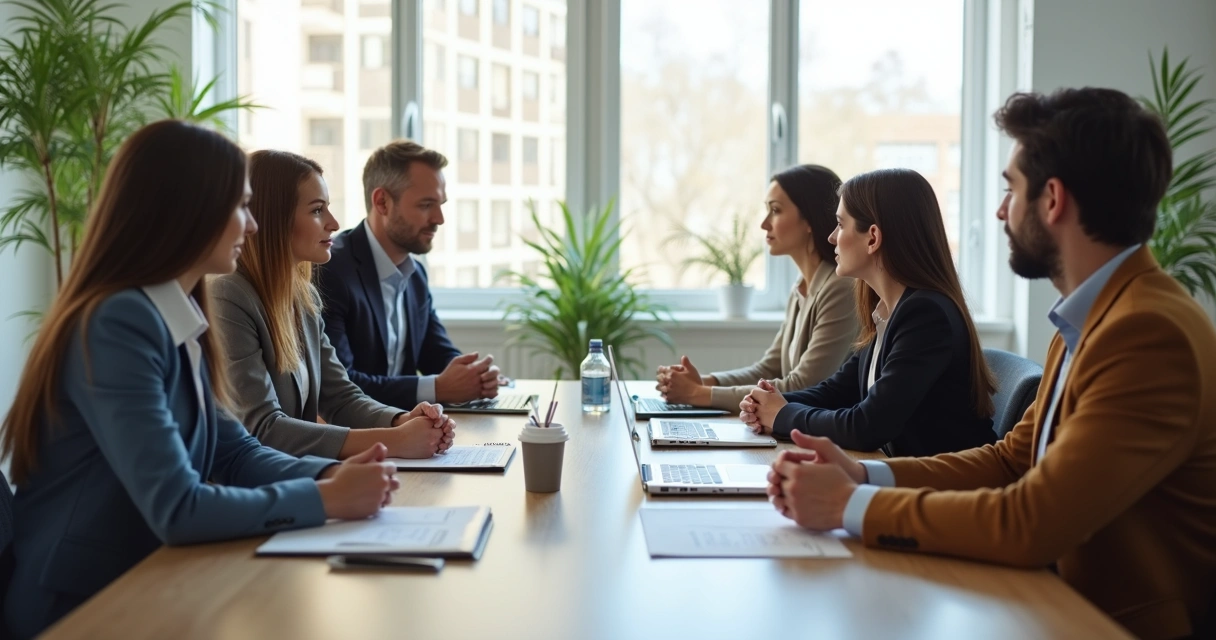 Team collaborating around a table with visible tension between two members 