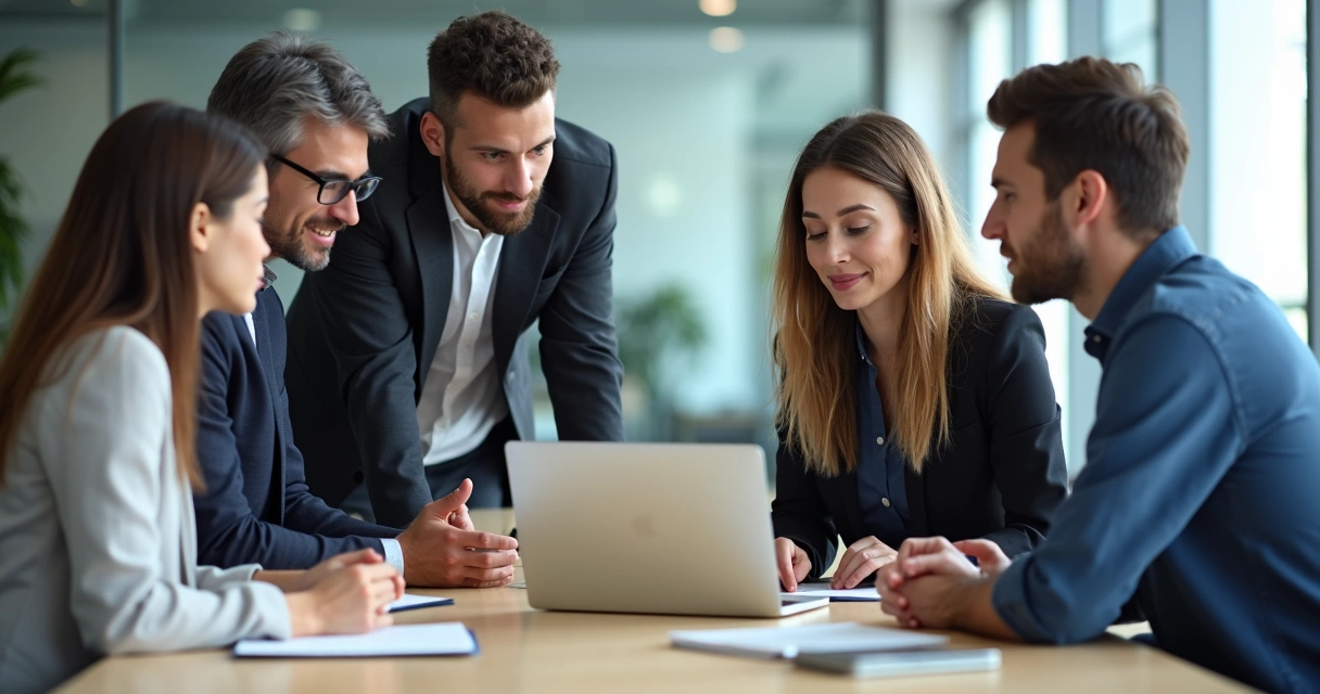 Group of coworkers collaborating around a laptop 