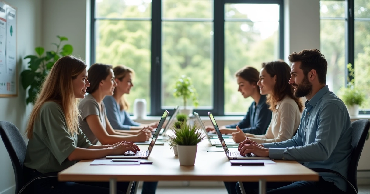 Team collaborating independently at shared office space 