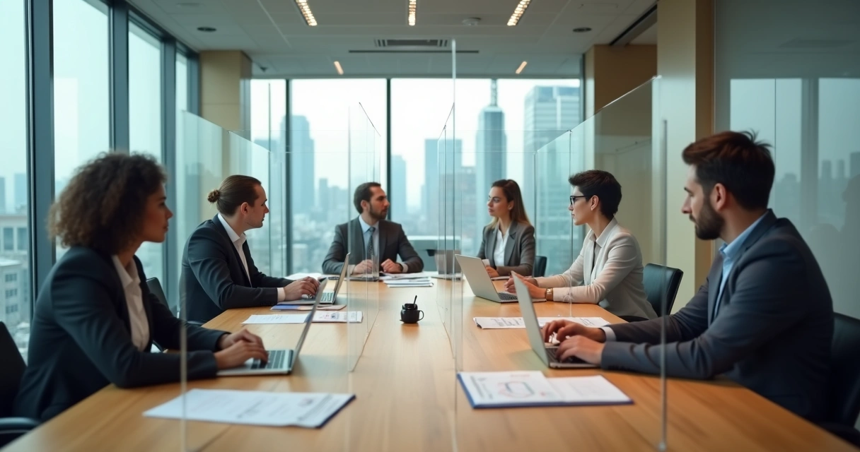 Office team separated by invisible glass walls during a meeting 