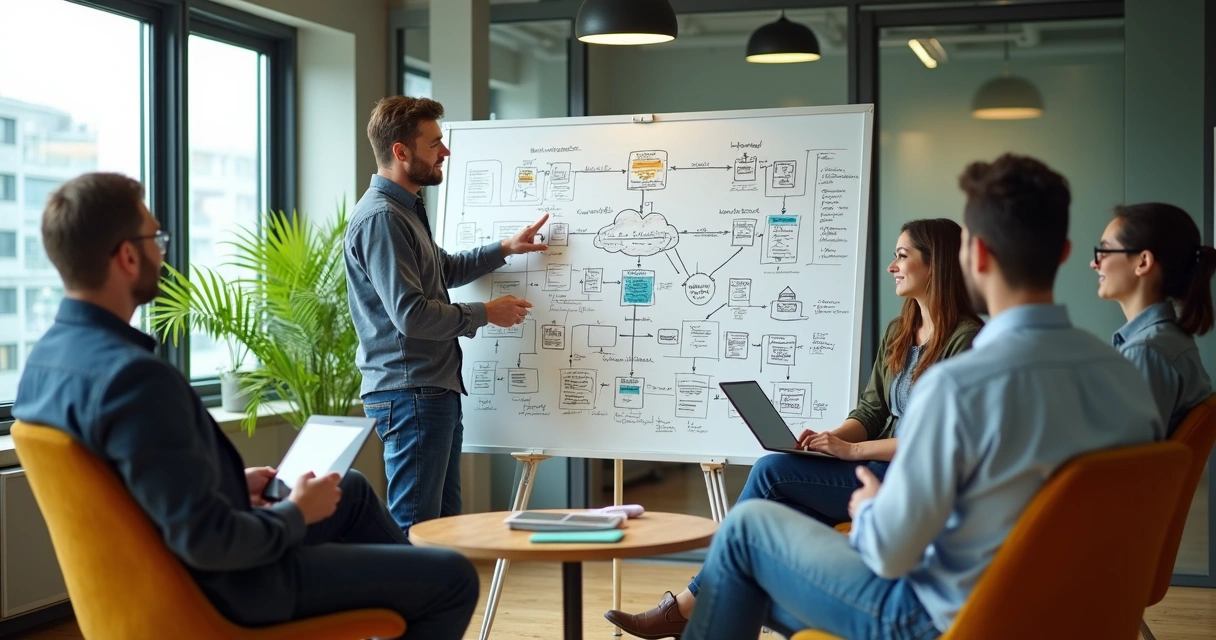 Diverse engineering team discussing diagrams on whiteboard 