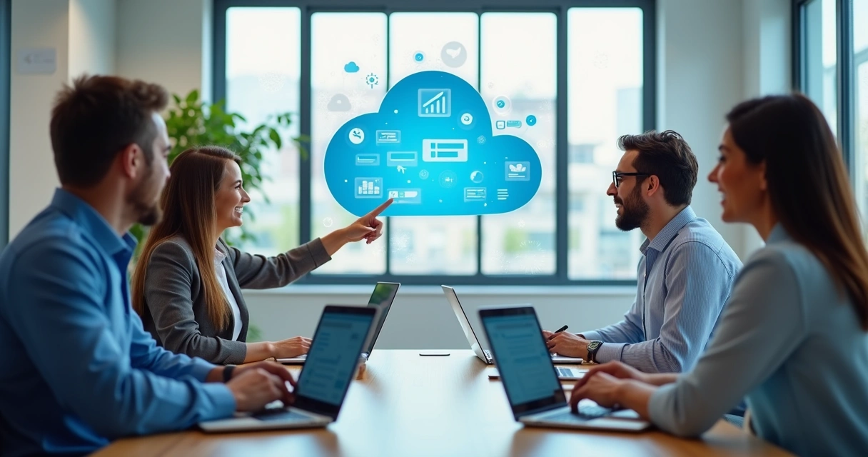 Business team working together on laptops with cloud icons on screens 