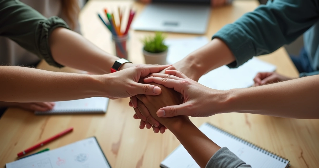 Hands of several people joining together over a table 