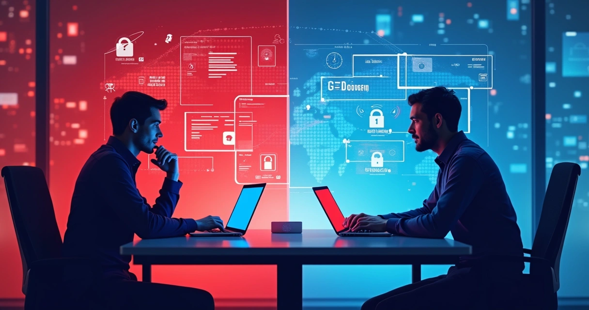 Red and blue cyber teams collaborating over digital interfaces 