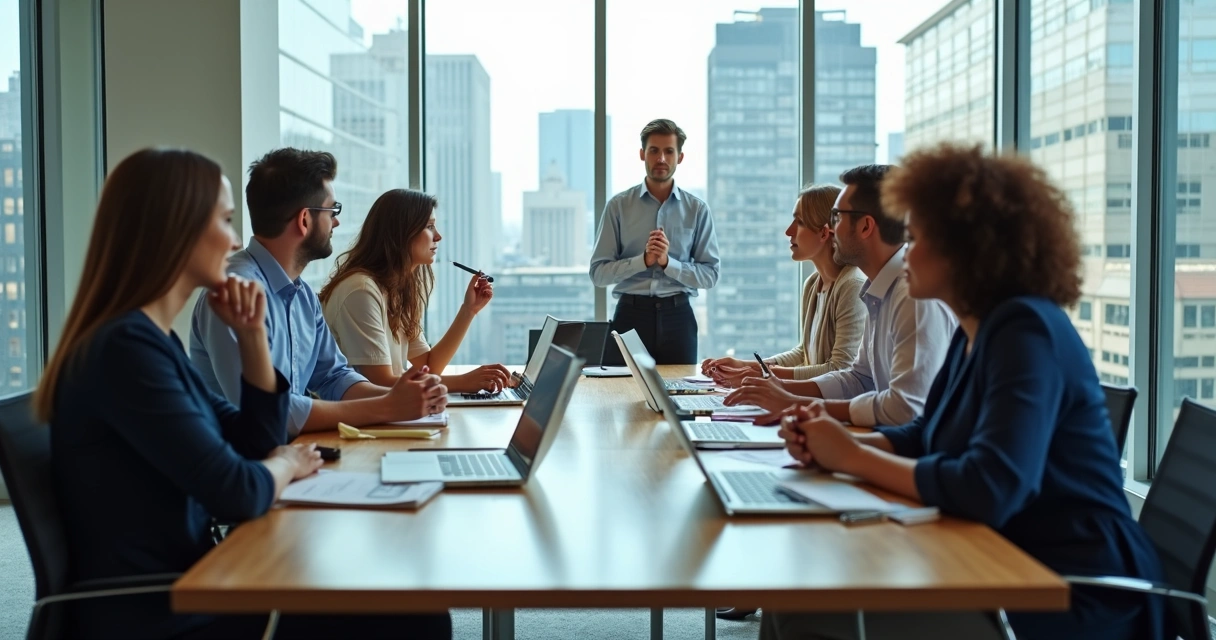Coworkers in a modern meeting room sharing ideas and working together 
