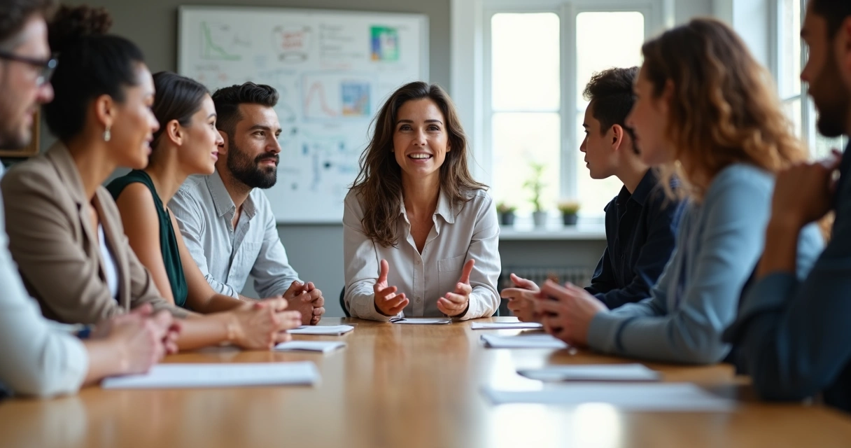 Team gathered around a table, engaged in discussion with visible body language cues 