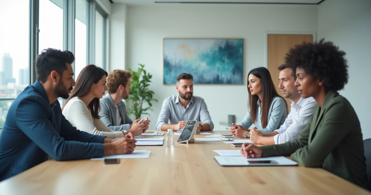 Business team at table separated by invisible glass walls 