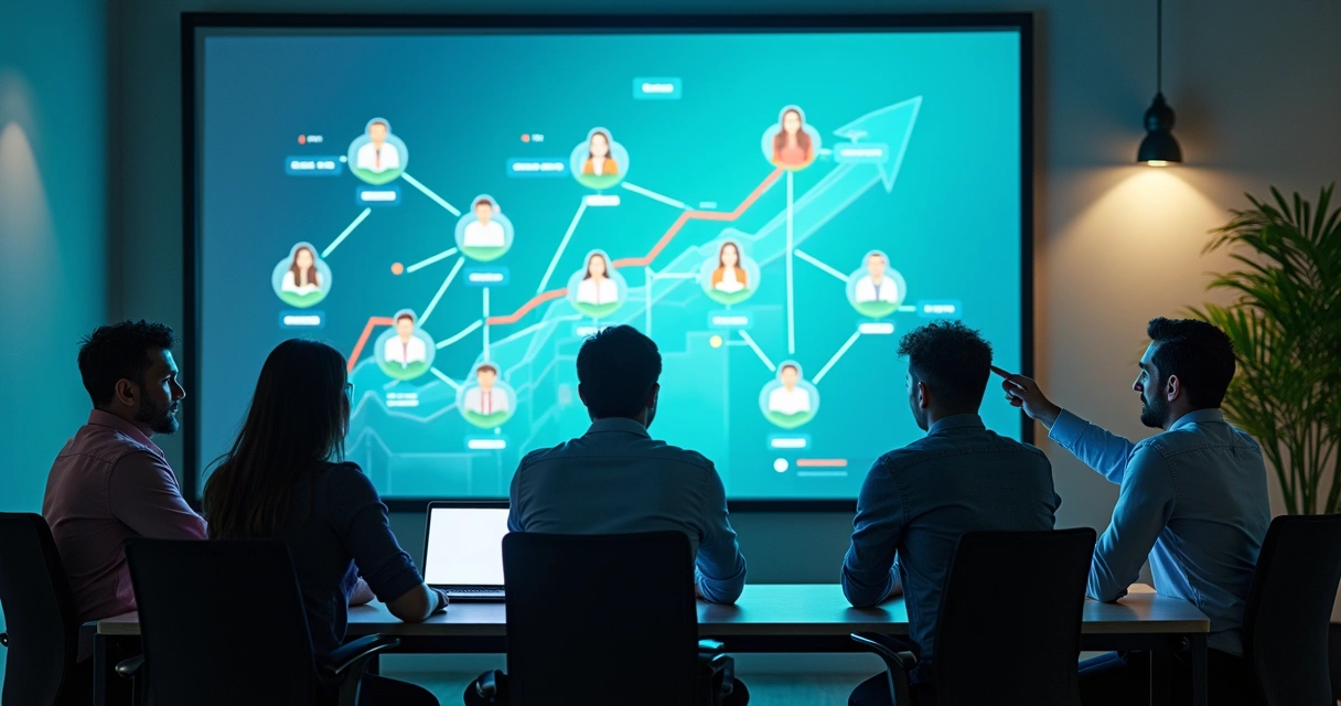 Team collaborating and showing upward growth chart on screen 