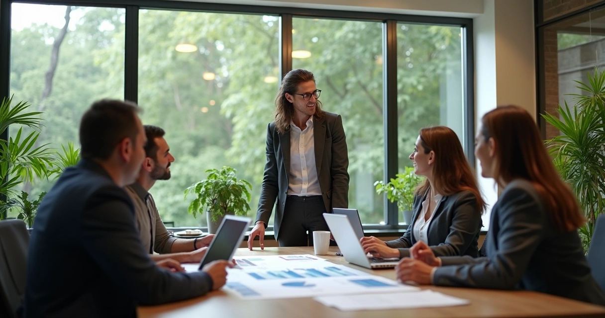 Colleagues collaborating around a table with a leader guiding gently 