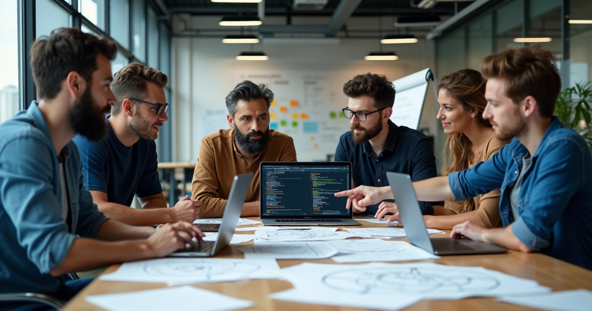 Equipe de tecnologia colaborando em arquitetura de microserviços 