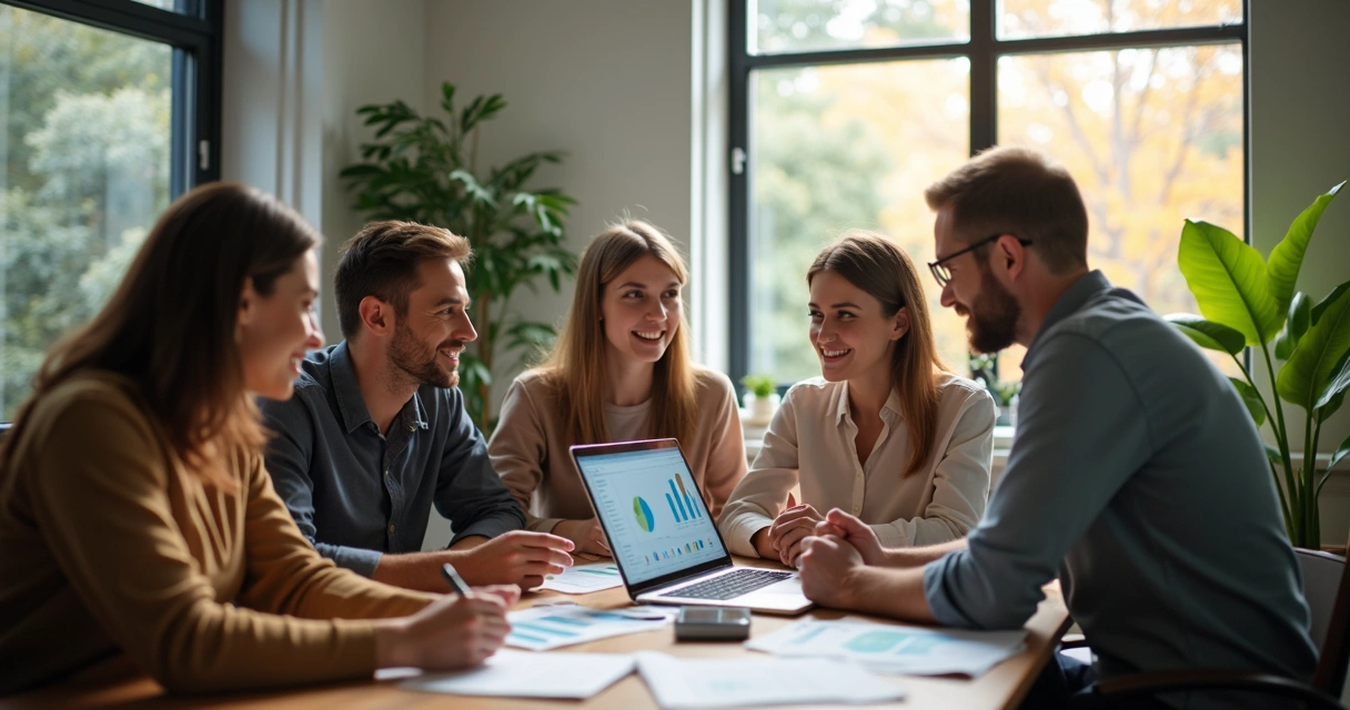Colleagues discussing and helping each other in an office setting 