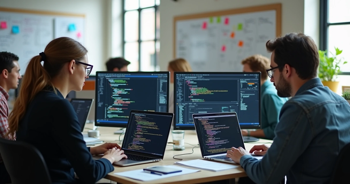Developers working together around an office table with laptops