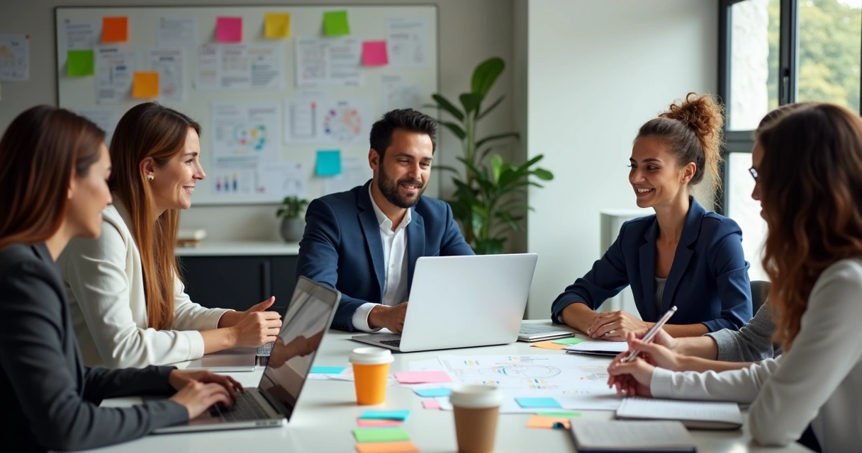 Team collaborating in an office, focused and engaged 