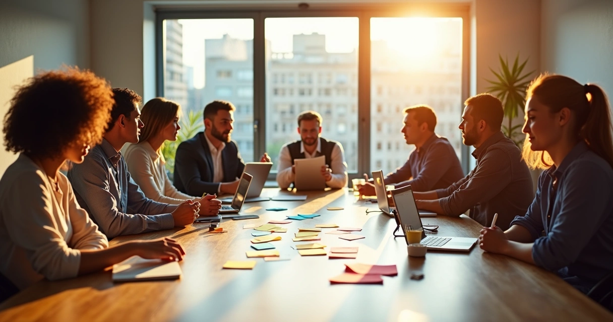 Team collaborating around a table with brainstorming notes and positive engagement