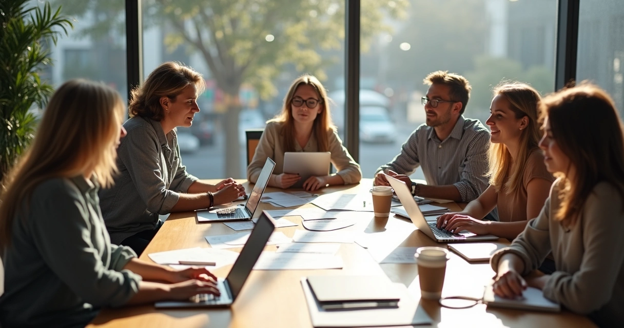People sitting around a table in discussion, sharing ideas over papers and laptops 
