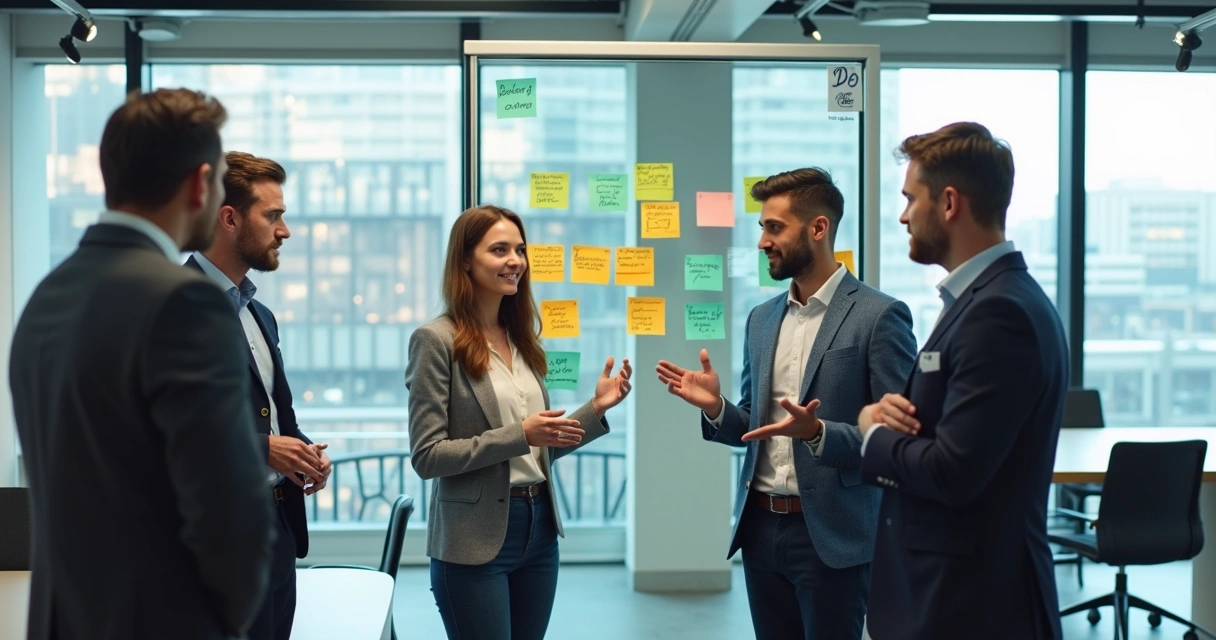 Team working together in front of transparent board 