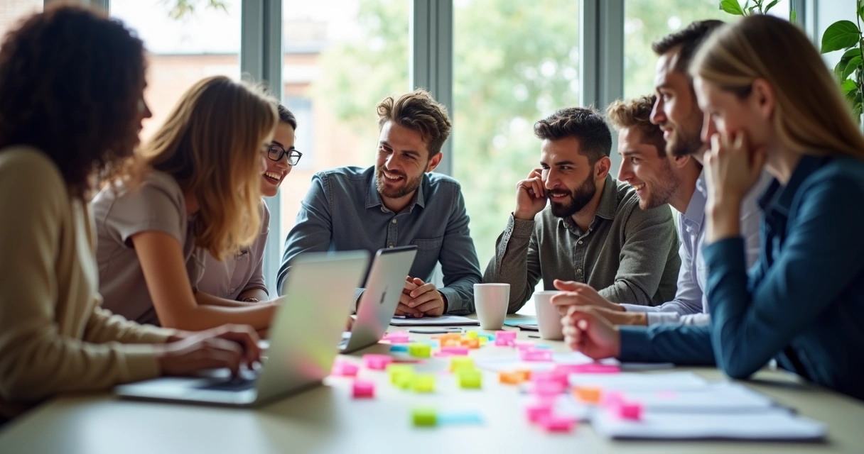 Team collaborating around a table with sticky notes brainstorming ideas 