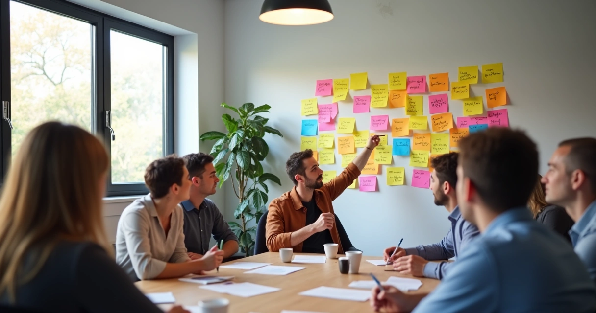 Colleagues in a meeting room discussing team values with sticky notes on a wall