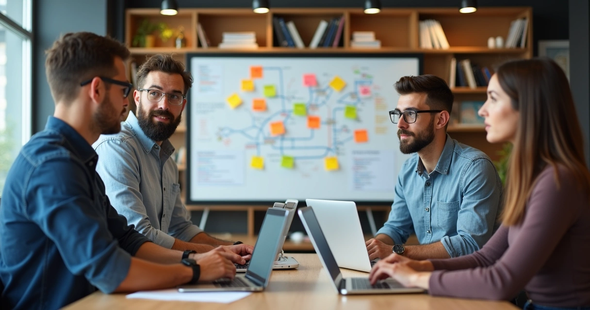 Small group collaborating at whiteboard with flowcharts and sticky notes