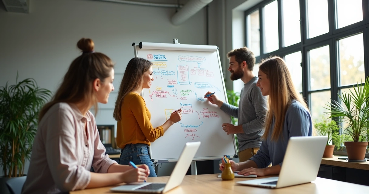 Team collaborating around a whiteboard 