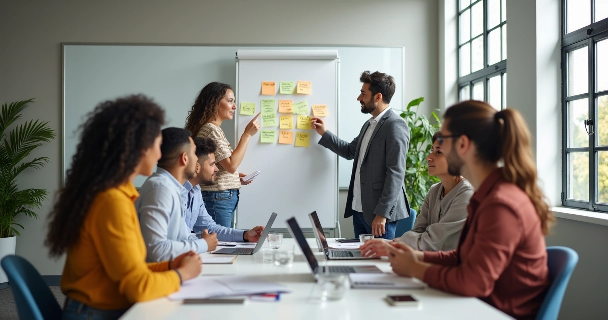 Team members collaborating at a whiteboard 