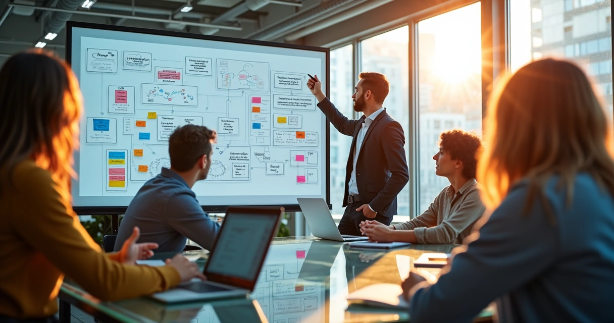 Team using whiteboard with web app diagrams 