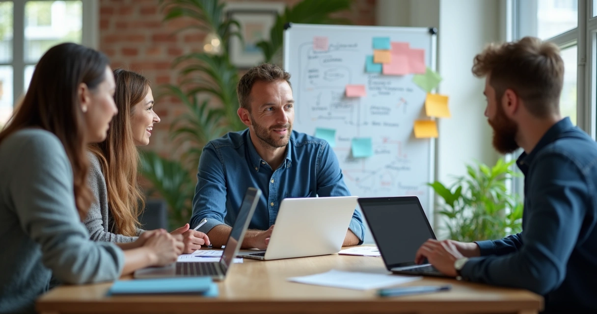 Team collaborating with freelance software engineer in a workshop 