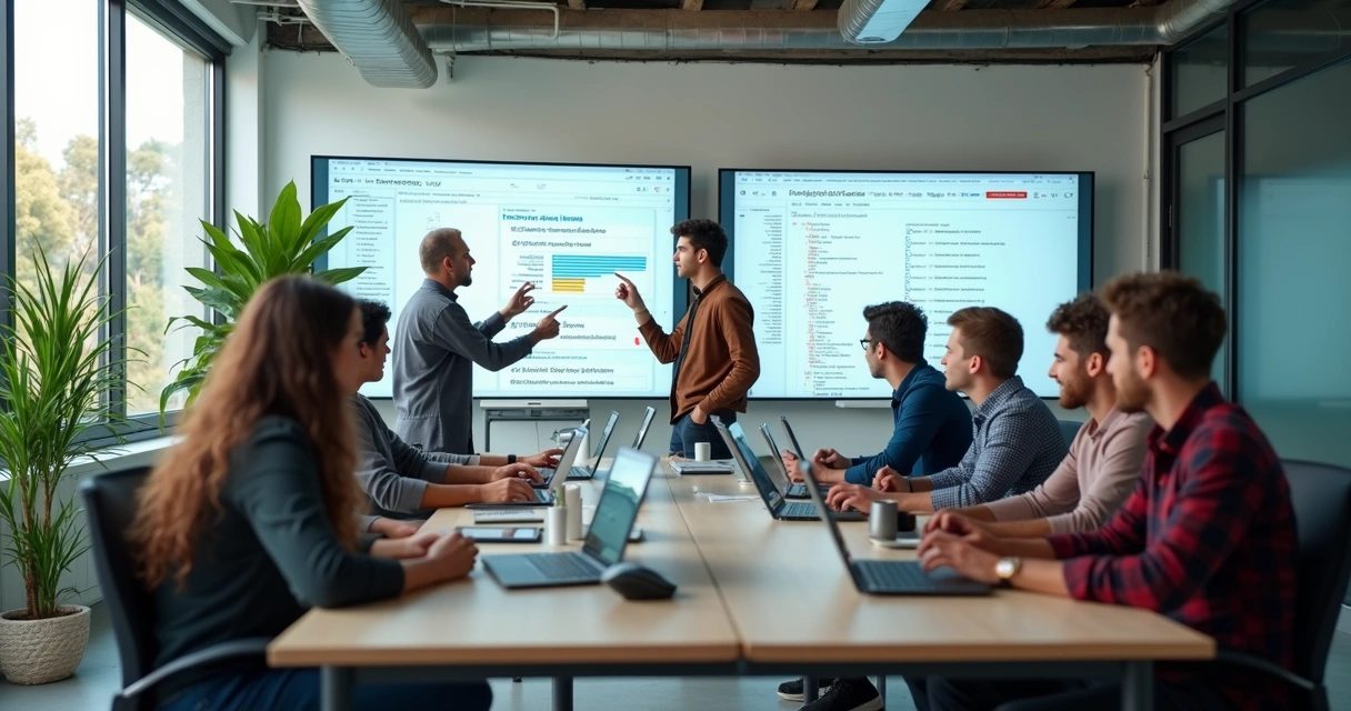 Collaborative workspace with developers working on web application