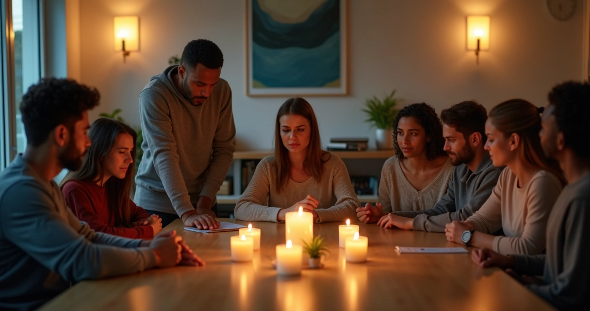 Work team gathered quietly around lit candles on a large table 