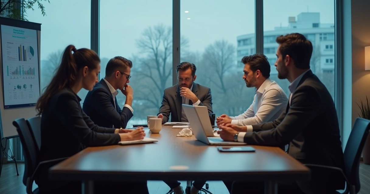 Diverse office team sitting apart in a meeting room with tense silent atmosphere 