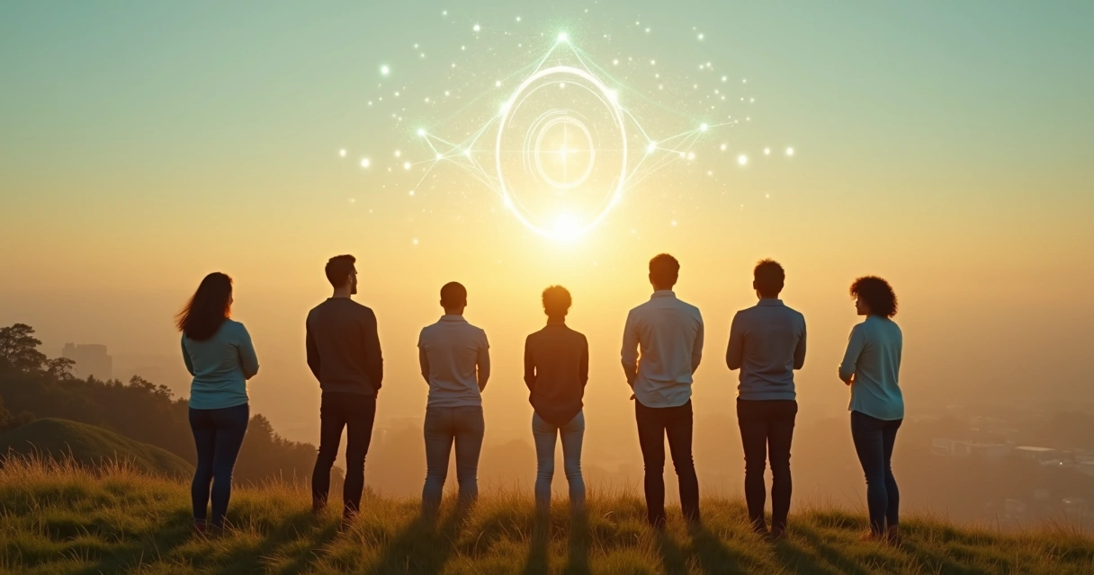 Team standing on hill at sunrise looking at shared luminous pattern in the sky 