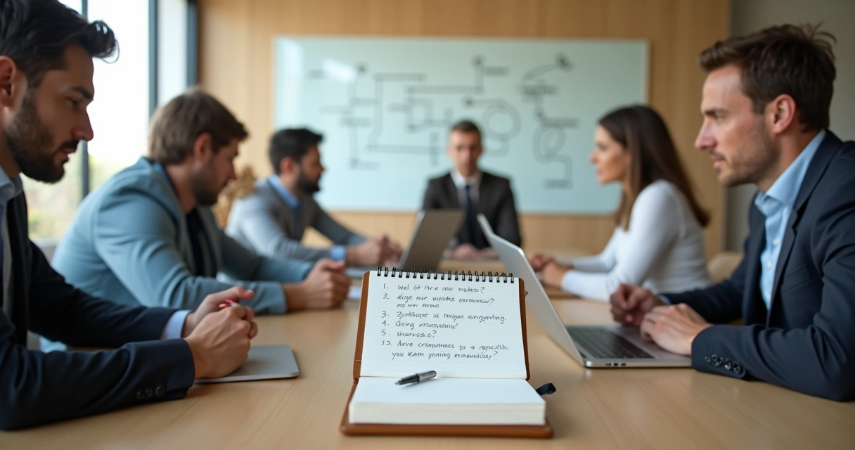 Diverse team around a table reflecting before making a commitment 