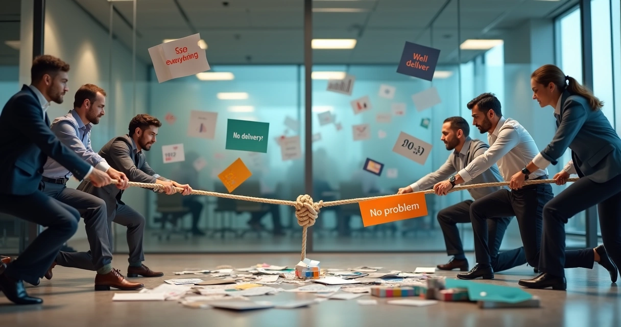 Group of professionals in a tug-of-war between promises and deadlines 