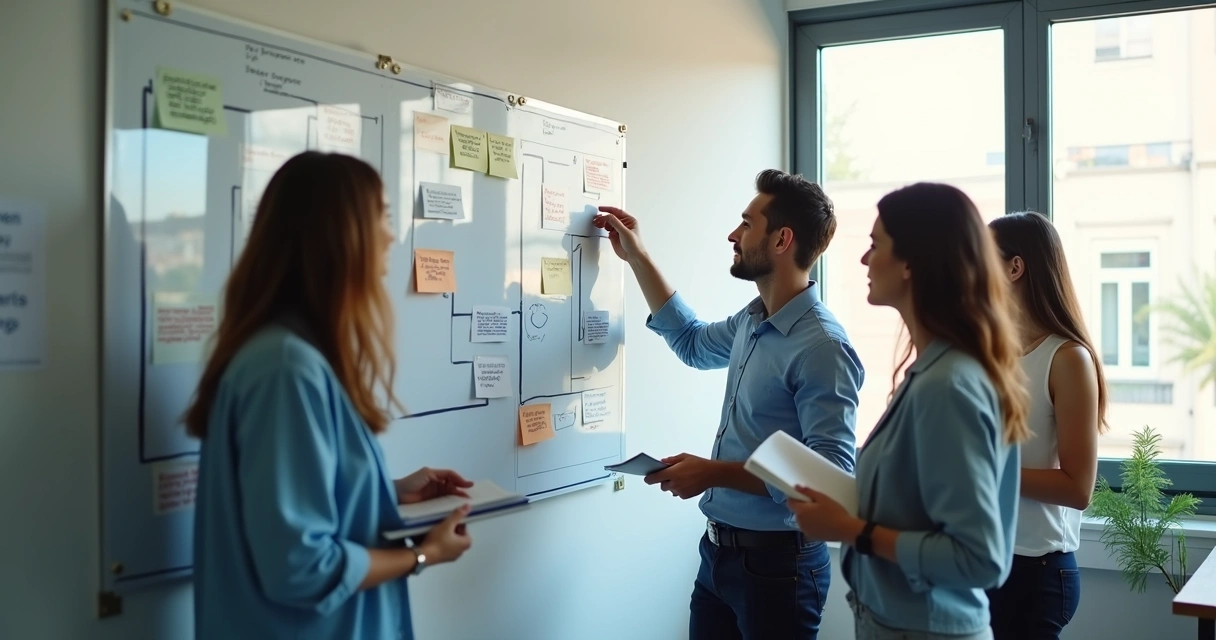 Small team reviewing a task board during a calm meeting 