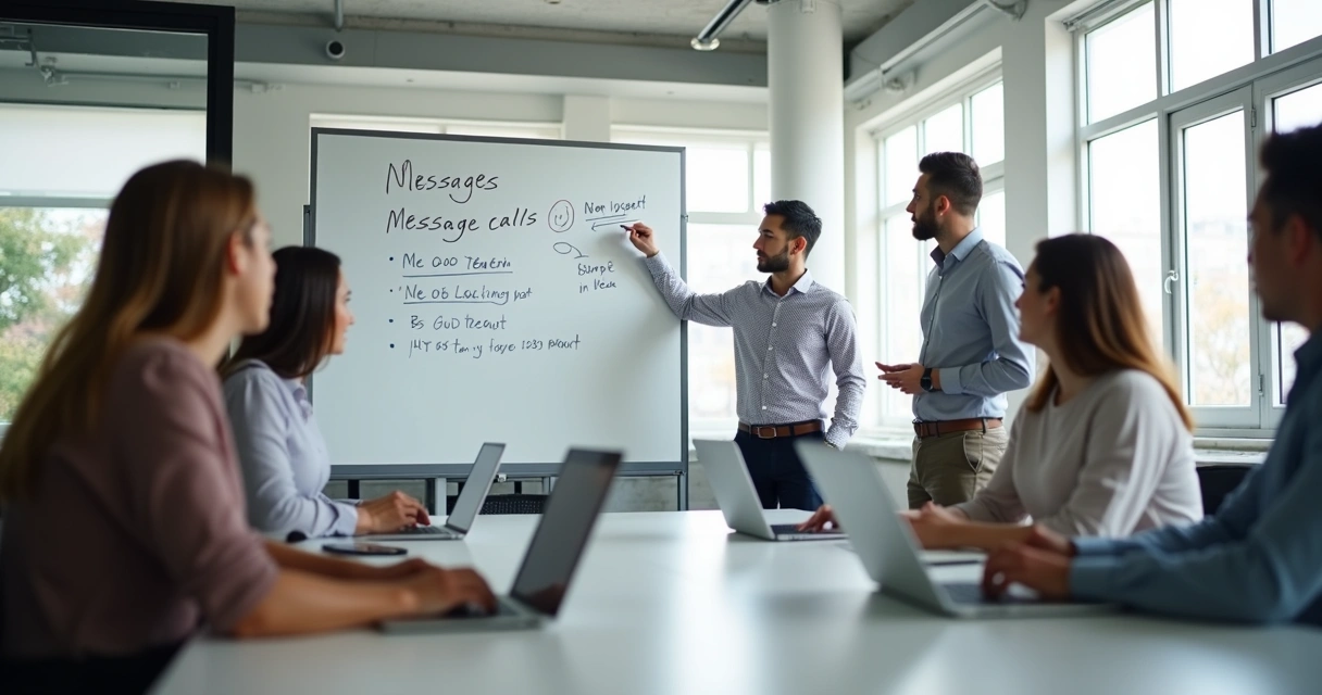 Team reviewing communication rules on a whiteboard in an office 