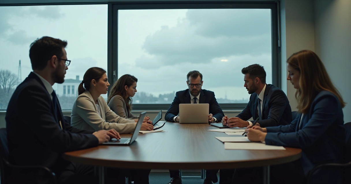 Team of professionals in a meeting room with visible tension and lack of eye contact 