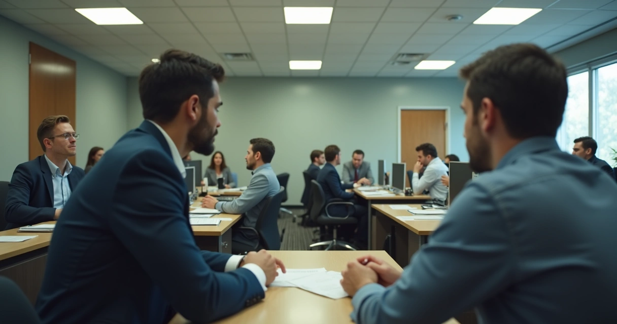 Coworkers in an office with visible tension, two people avoid eye contact, others awkwardly silent 