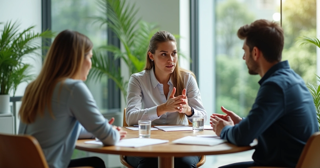 Leader guiding a calm discussion between team members at a table