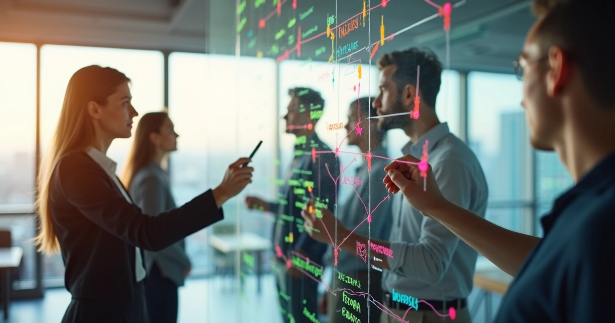 Team members mapping out relationships and conflict points on a glass board 
