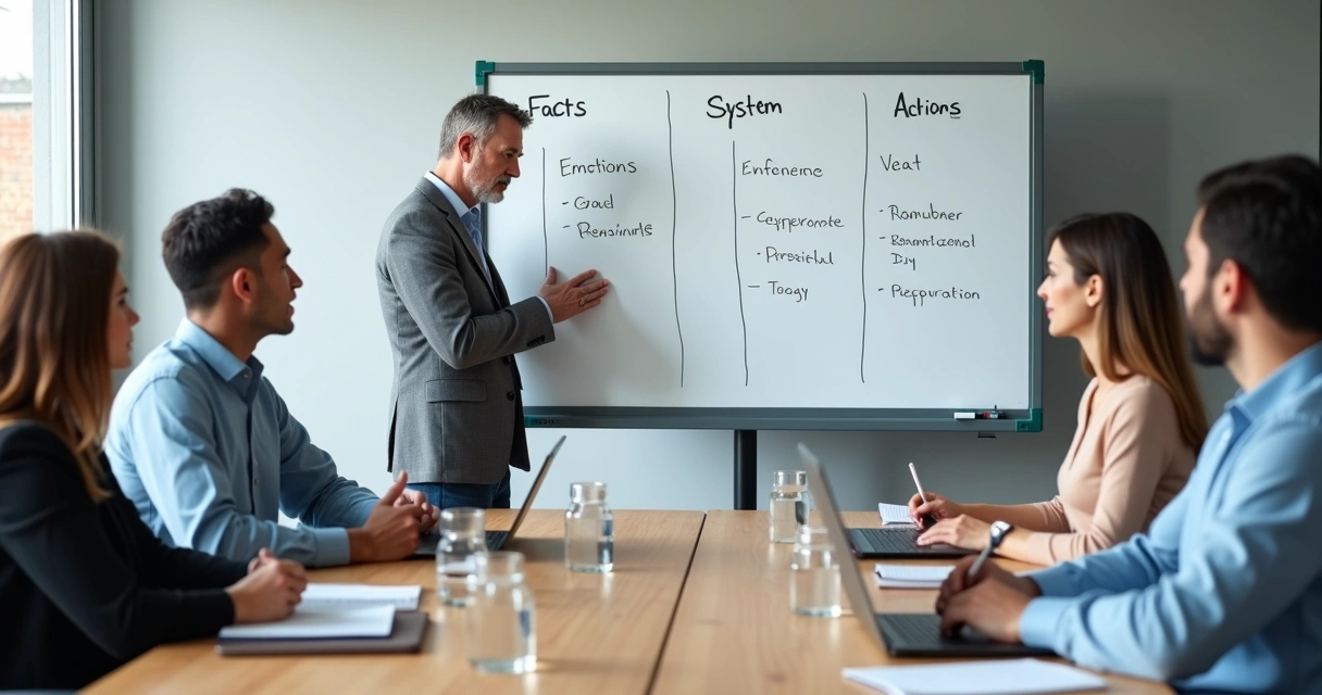 Team members in a meeting reviewing a conflict map on a whiteboard 